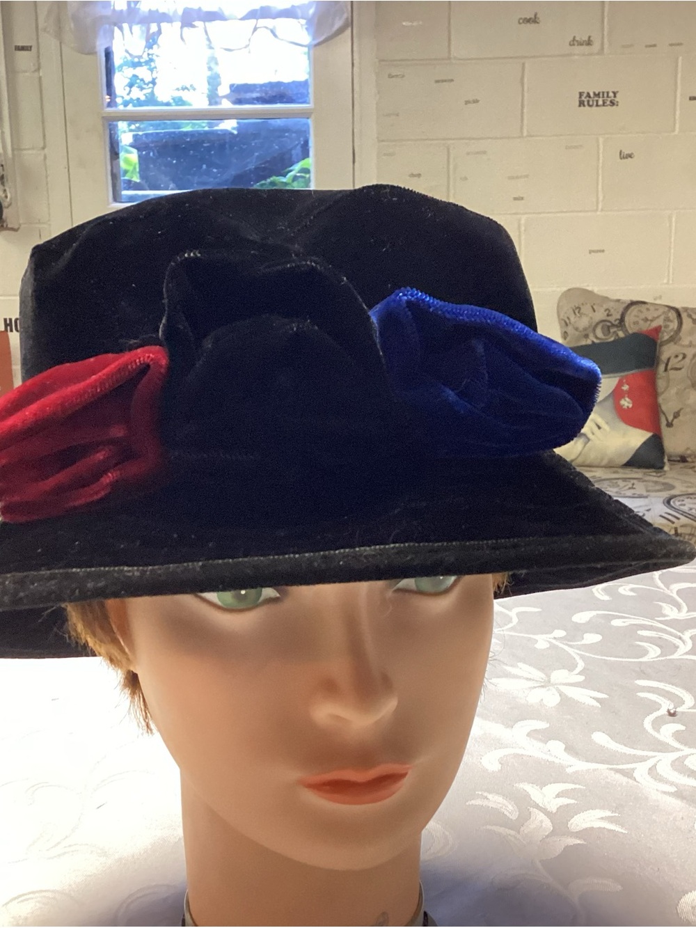 Velvet Wide-Brim Hat with Red and Blue Flower Accents